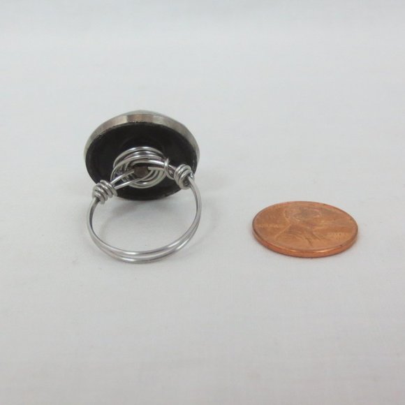 New Mod 60s Silver-tone & Black Glass Geometric Vintage Button Handmade Ring - Picture 7 of 10